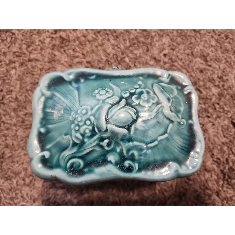 Asian Inspired Ceramic Trinket Box Turquoise Brown 5 1/2"x4" - Picture 2 of 7